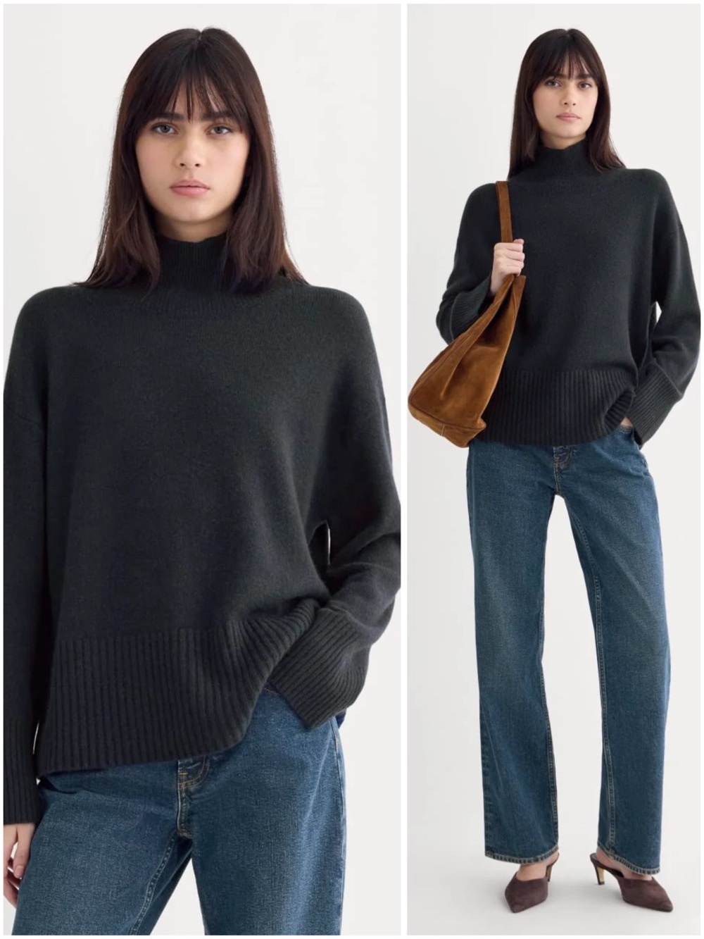 Everlane The Boxy Turtleneck in Cashmere Medium Navy Cropped Sweater NWT
